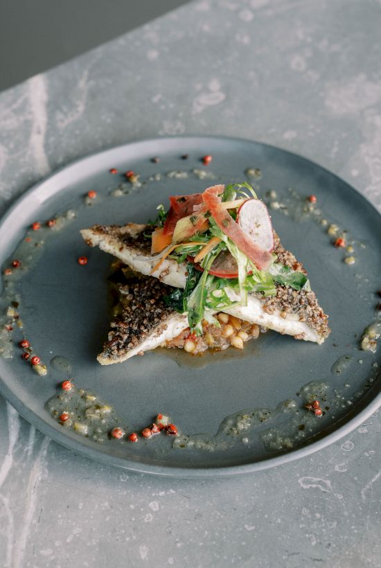 A gourmet dish with fish fillets topped with greens and radish, garnished with sauce and pink peppercorns on a gray plate.