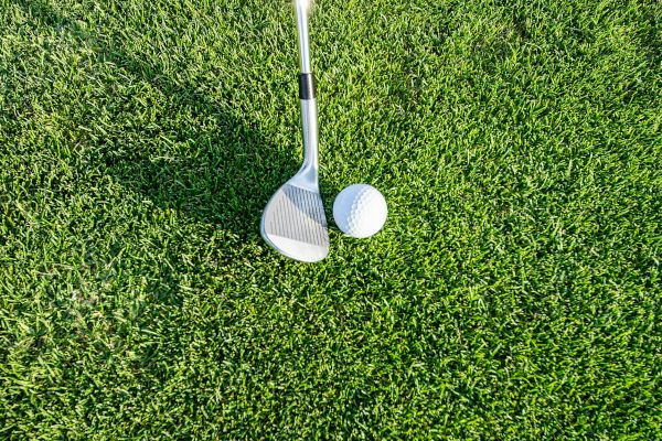 A golf club is positioned next to a golf ball on green grass, ready for a swing on the course.